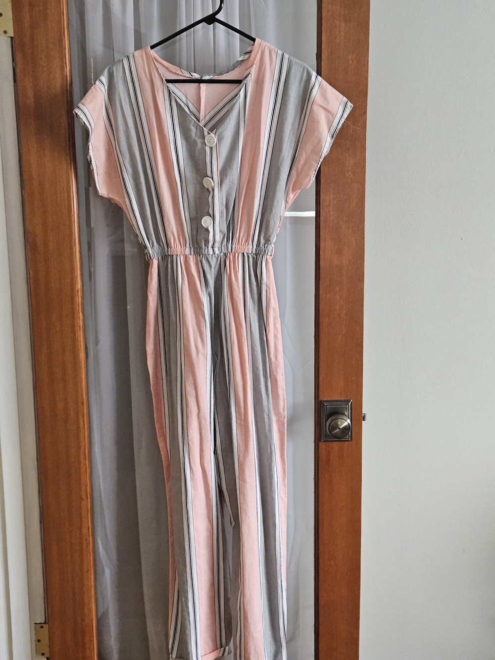 Striped Pink and Gray Button-Front Jumpsuit